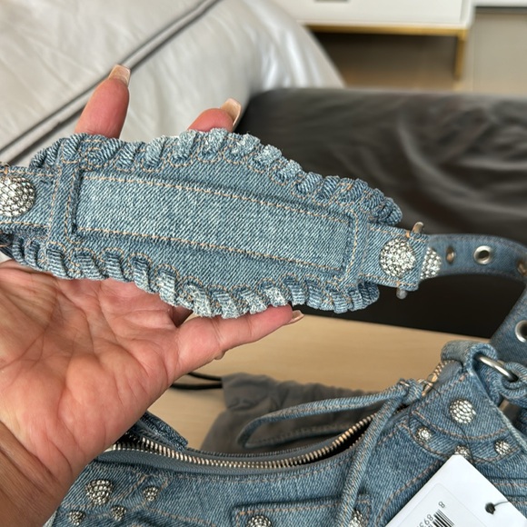 BALENCIAGA 
WOMEN'S LE CAGOLE XS SHOULDER BAG DENIM IN BLUE WITH CRYSTALS - Picture 11 of 14